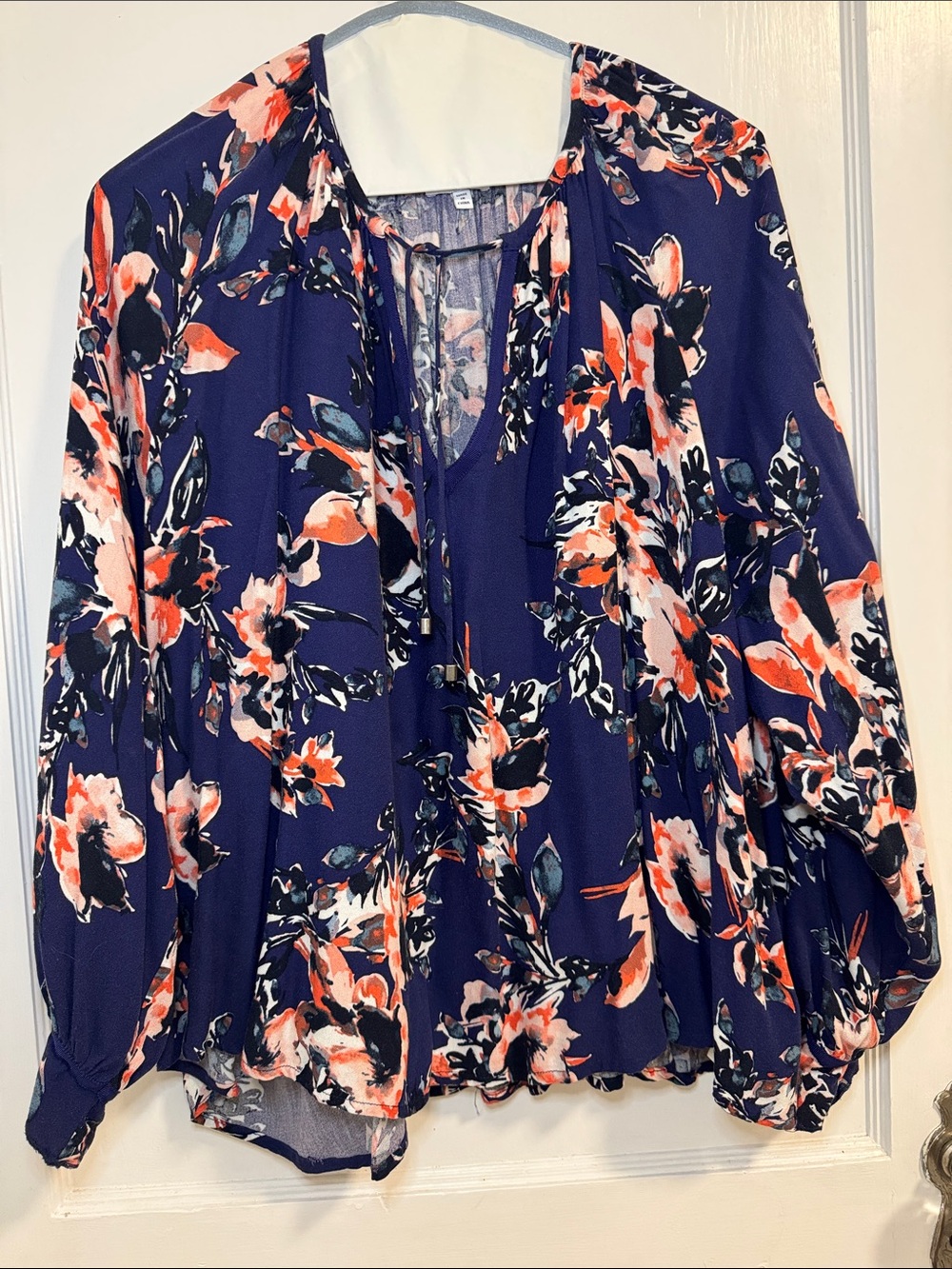 Splendid Navy Floral Tie-Neck Blouse with Coral Accents